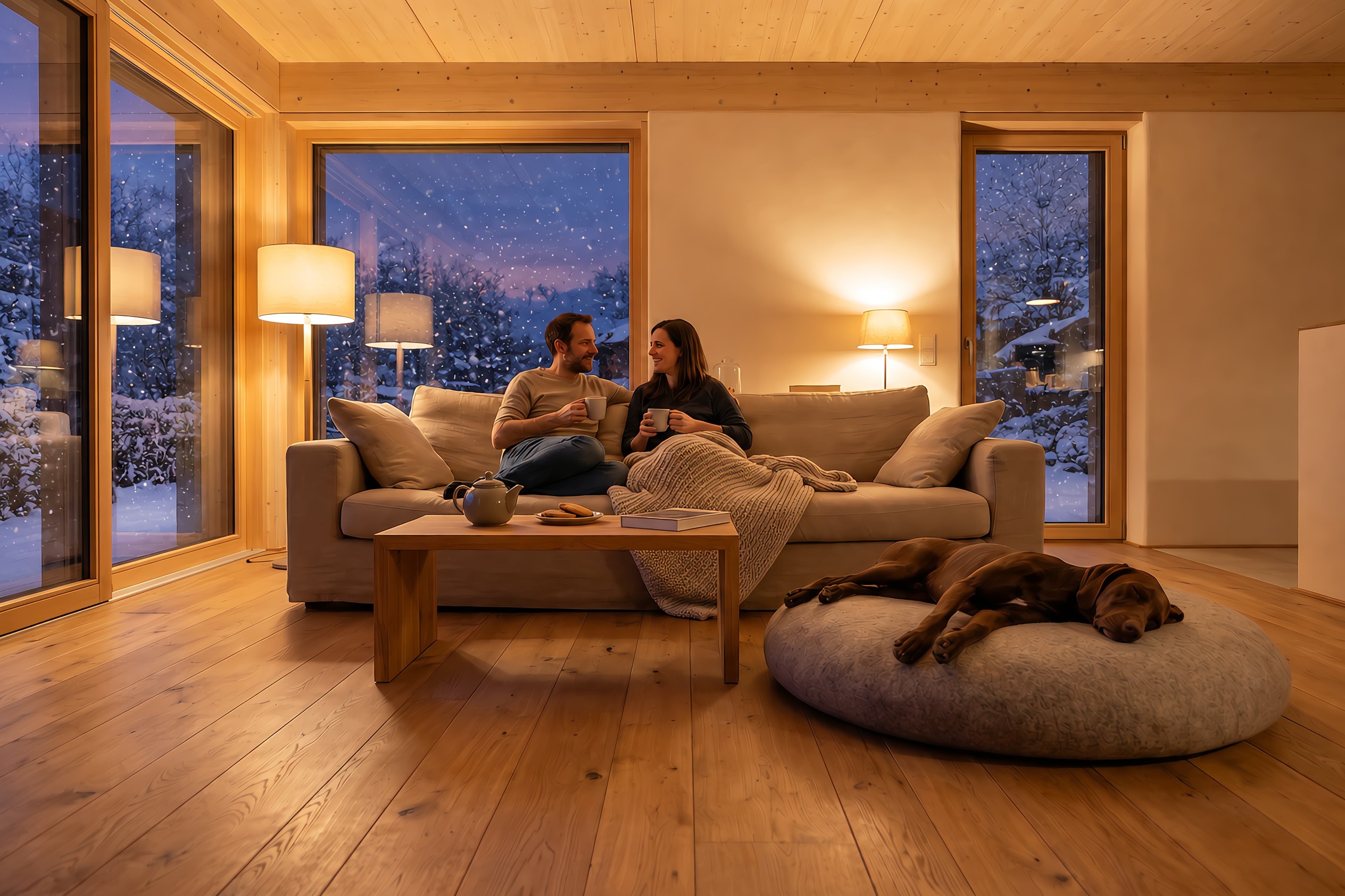 Ein Paar trinkt am frühen Abend Tee auf dem Sofa in einem warm beleuchteten Holzhaus, draußen fällt Schnee, daneben schläft ein brauner Hund auf einem runden Wollkissen auf breiten Eichendielen.