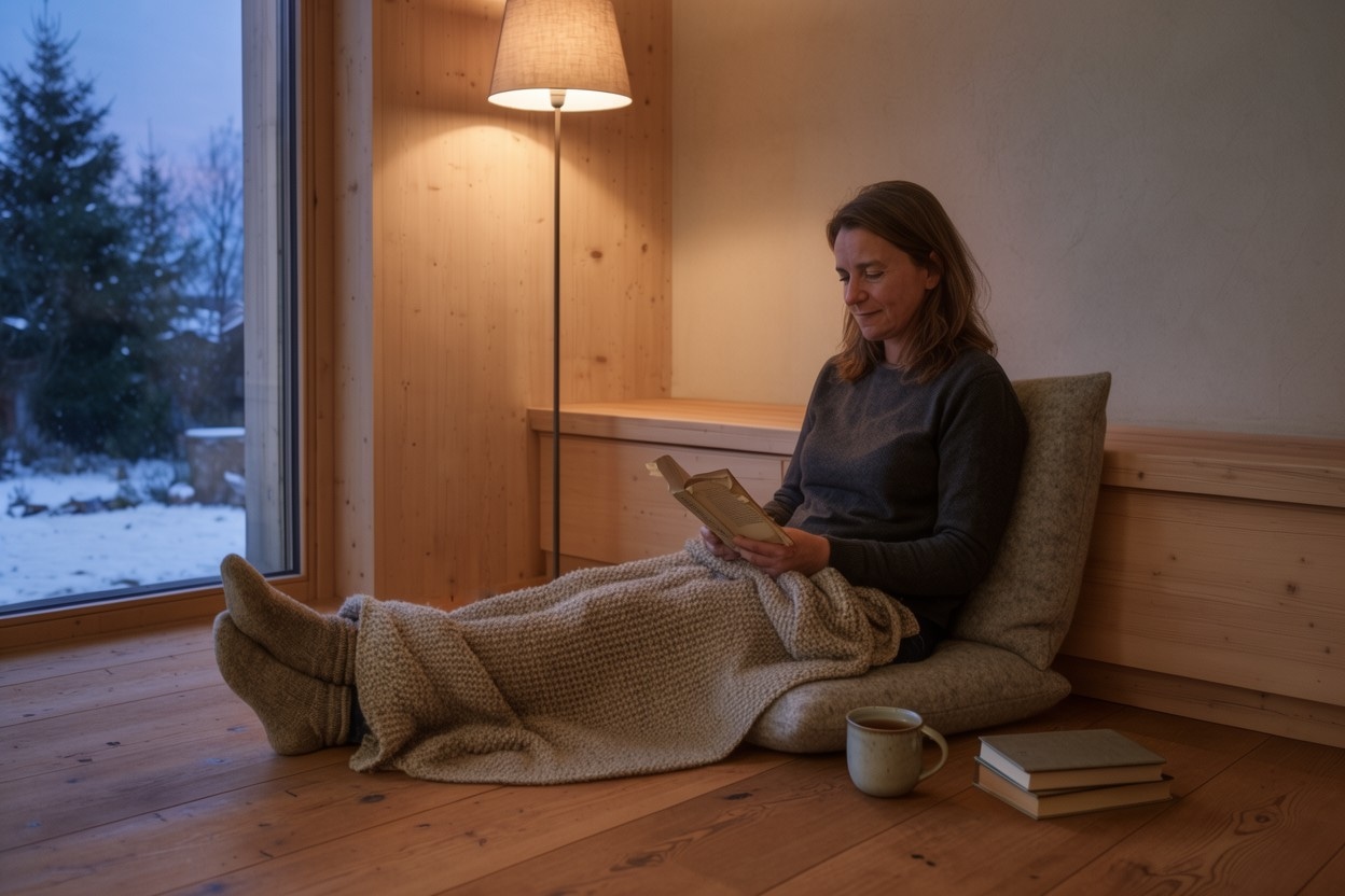 Eine Frau liest am Abend auf einem Bodenkissen am Fenster, die Beine unter einer Strickdecke, draußen liegt Schnee.