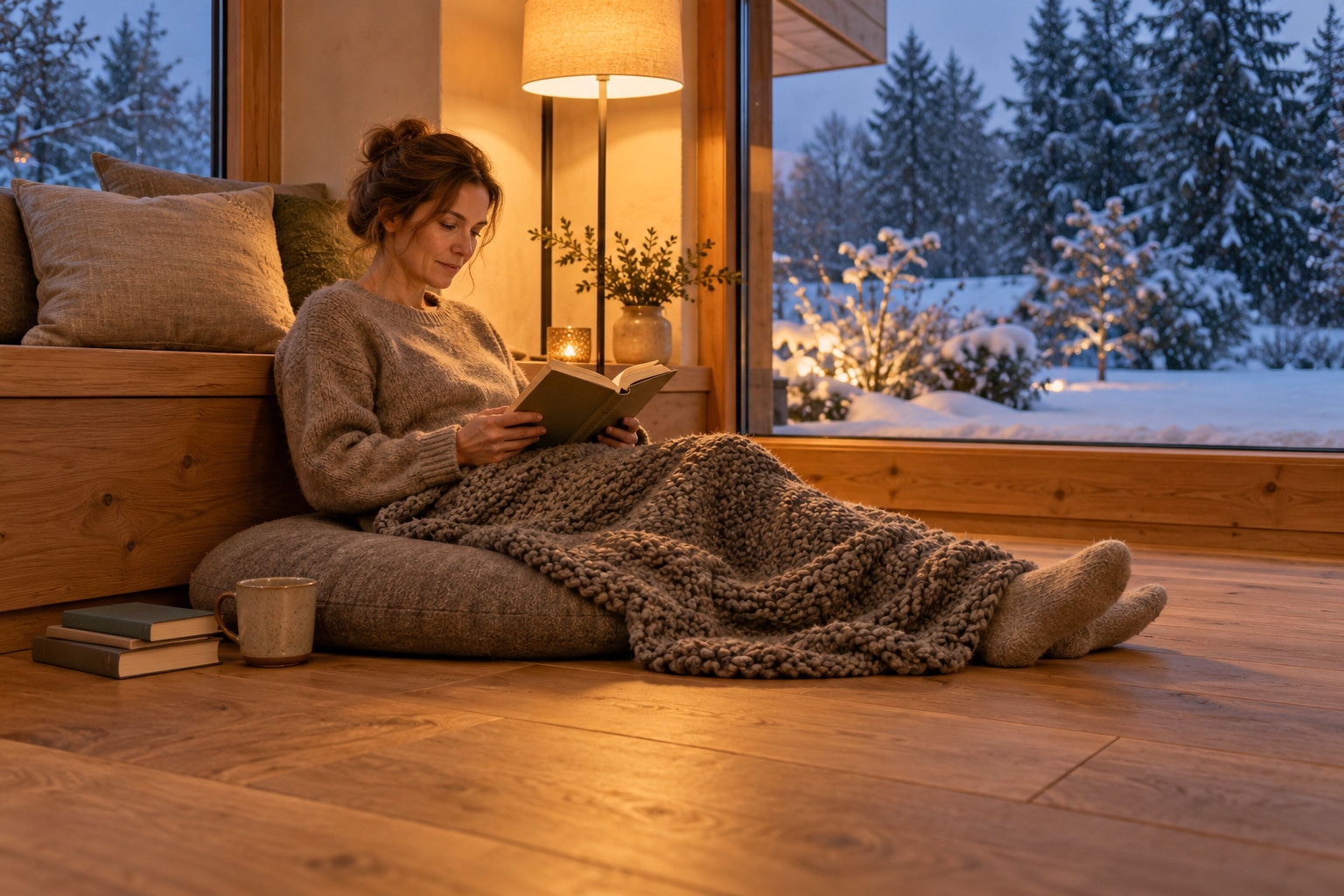 Eine Frau liest am Abend auf einem Bodenkissen am Fenster, in eine Wolldecke gehüllt, draußen liegt Schnee.