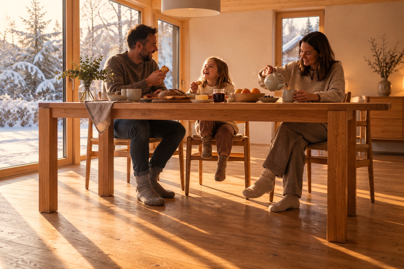 Eine Familie frühstückt in der Wintersonne an einem Eichentisch, alle tragen Wollsocken auf den warmen Holzdielen.