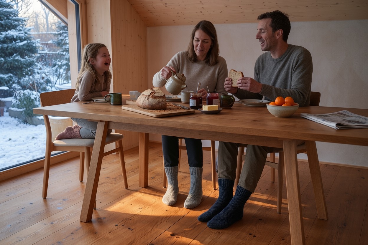 Eine Familie frühstückt in der Wintersonne an einem Eichentisch, alle tragen Wollsocken auf den warmen Holzdielen.